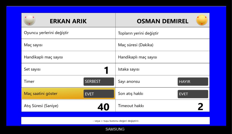 Gelismis mac ve turnuva ayarlari ekrani