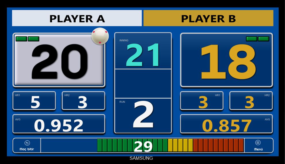3-Cushion billiard scoreboard mandatory shot clock interface
