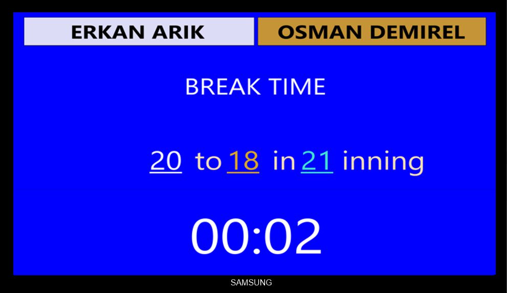 Billiard club match timed break countdown display